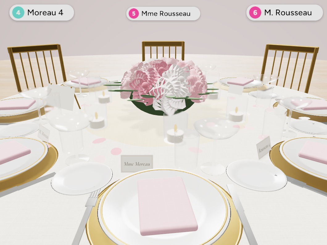 Vue en 3D d’une table de mariage depuis la place d’un invité